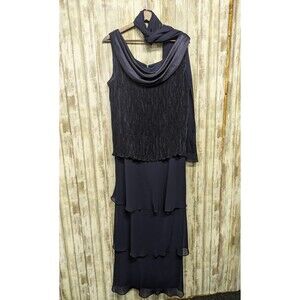 Patra Navy Tiered Beaded Maxi Evening Formal Dress Cowl Neck w/ Scarf Size 16W